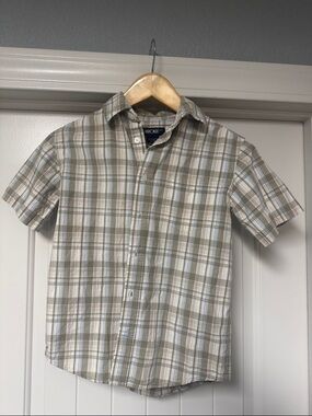 Cherokee Short-Sleeve Plaid Button-Up Shirt - Tan, White, Blue